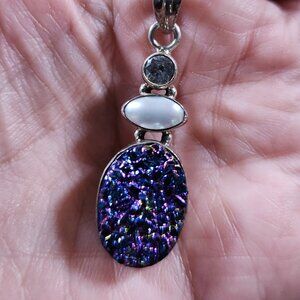 New Womens Druzzy Meterorite, Pearl & Aquamarine 925 Sterling Silver 18"